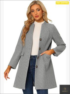 Elegant Collarless Pea Coat Single Breasted Long Winter Coat Minimal Chic
